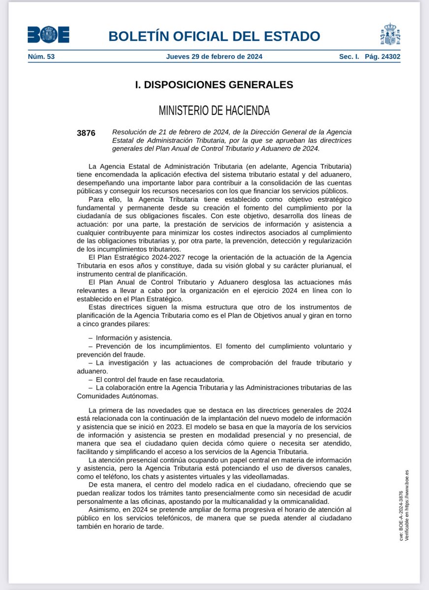 Resolución de 21 de febrero de 2024, de la Dirección General de la Agencia Estatal de Administración Tributaria, por la que se aprueban las directrices generales del Plan Anual de Control Tributario y Aduanero de 2024: boe.es/diario_boe/txt…