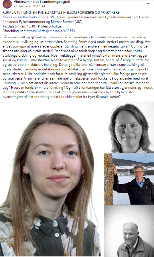 Hei samfunnsgeografer og andre som er opptatt av regional utvikling: I anledning vinterseminaret i samfunnsgeografi organiserer vi en panelsamtale om regional utvikling i Norge. Bli med?sv.uio.no/iss/forskning/…