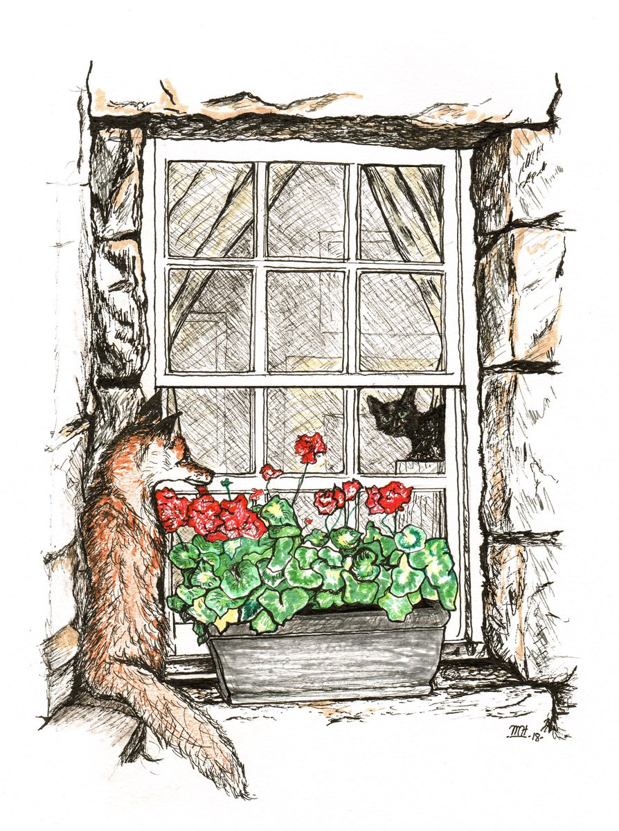 EdinburghFoxInk's tweet photo. #throwbackthursday this week is my ‘Cat sees fox at Window’ This is a theme I’ll be revisiting soon and may add to my card collection. Have a great Thursday! #thursday #thursdaythrowback #throwback #foxandcat #edinburgh #catandfox https://t.co/K0o1CMOI0B