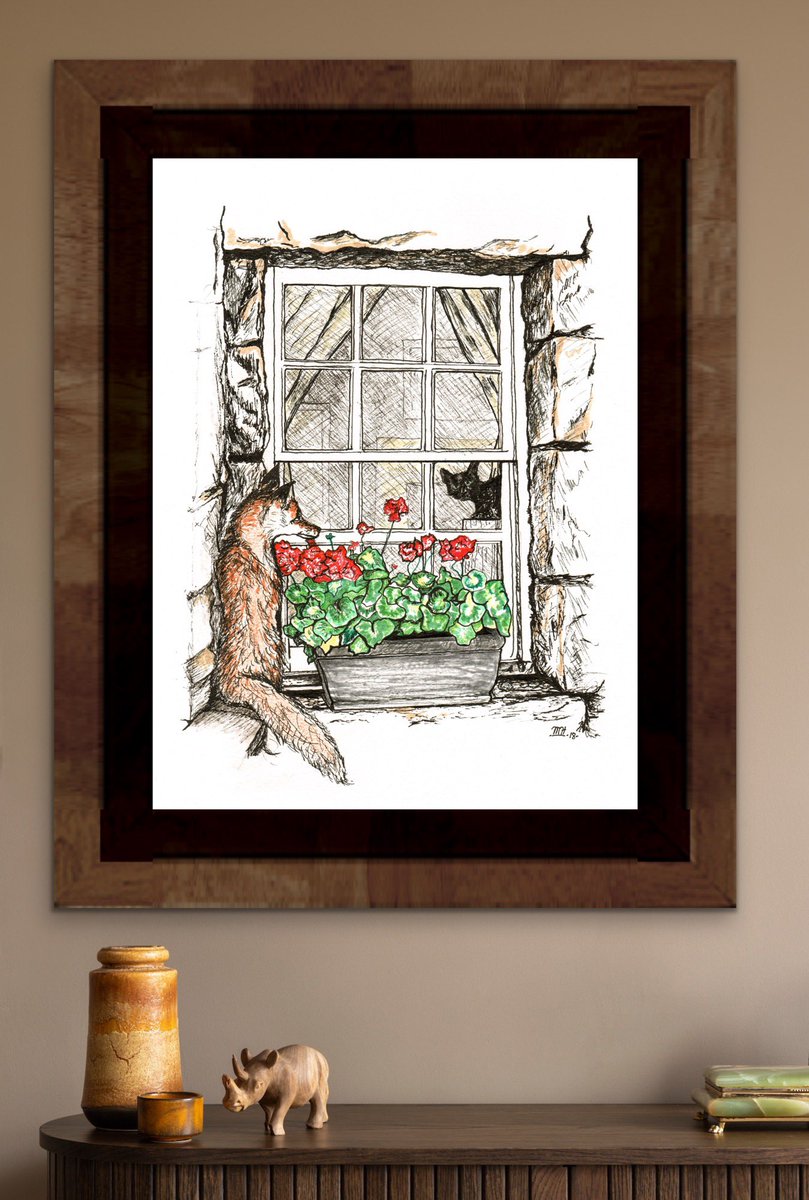 EdinburghFoxInk's tweet photo. #throwbackthursday this week is my ‘Cat sees fox at Window’ This is a theme I’ll be revisiting soon and may add to my card collection. Have a great Thursday! #thursday #thursdaythrowback #throwback #foxandcat #edinburgh #catandfox https://t.co/K0o1CMOI0B