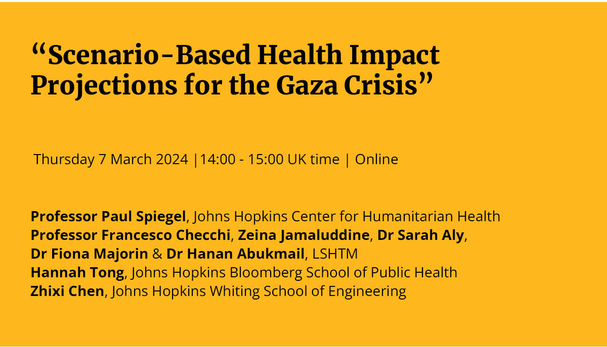 Join our webinar to hear scenario-based projections of excess deaths in #Gaza - developed through a collaborative research project between @LSHTM_Crises & @Humanit_Health 🗓️ 7 March 2024 ⏲️2-3 pm UK time 👉bit.ly/49w3eD0