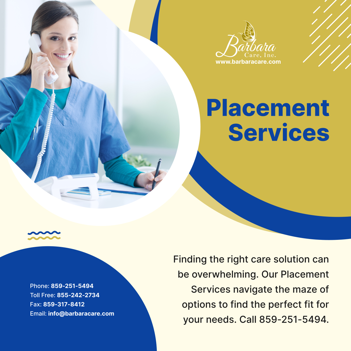 Your guide to the best care options. From living assistance to nursing homes, our Placement Services match you with ideal solutions. Start exploring today. 

#PlacementServices #CareOptions #LexingtonKentucky #HomeCare #FindThePerfectFit