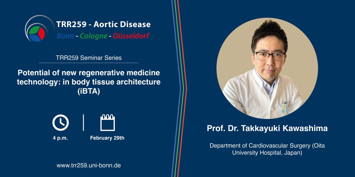 📢 Exciting announcement for the TRR259 community! 🌟 Join us today for a seminar featuring Prof. Dr. Takkayuki Kawashima from Japan.
📚 Topic: "Potential of new regenerative medicine technology: in body tissue architecture (iBTA)“
Don't miss out on this enlightening talk!#trr259
