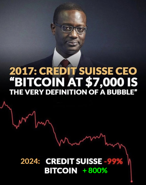 Le PDG de la banque Crédit Suisse en 2017 : "#Bitcoin à $7000 est la définition d'une bulle".

L'action de la banque Crédit Suisse en 2024 : -99% par rapport à son plus haut historique 😂