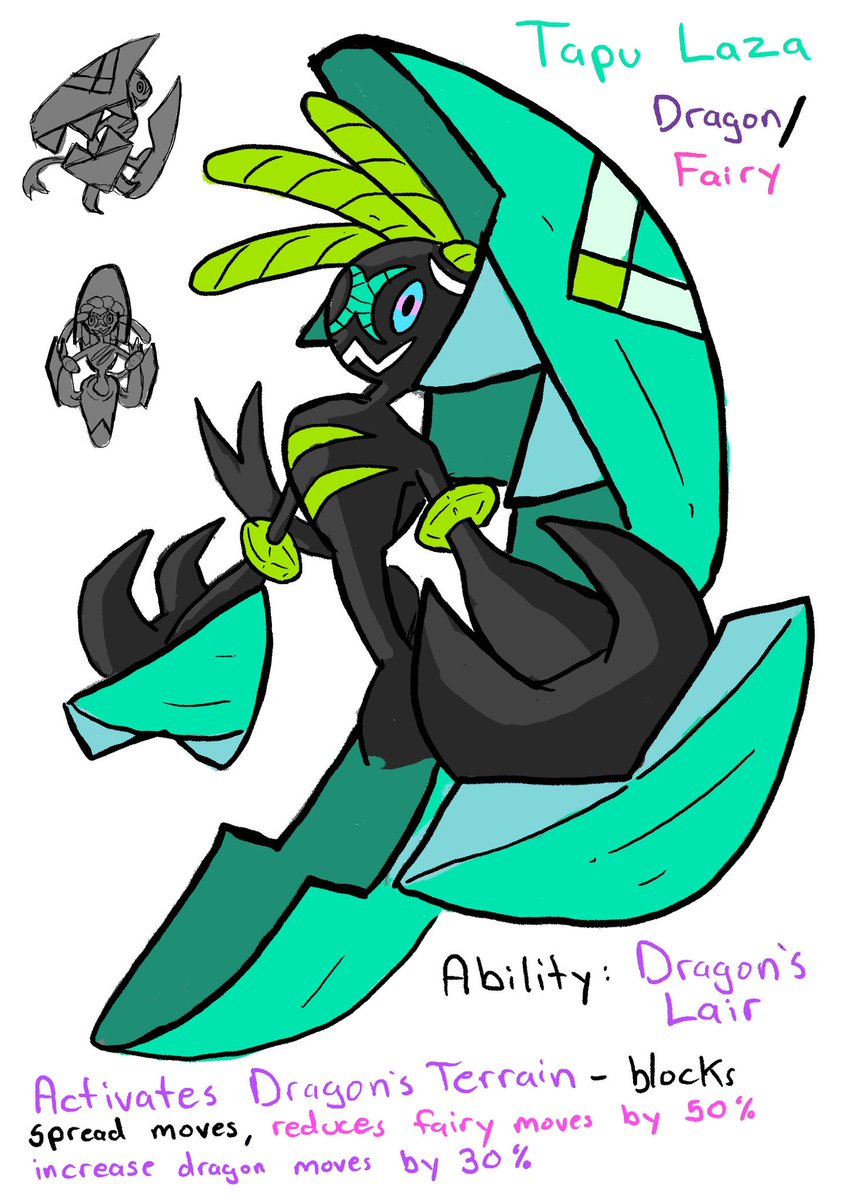 Dewdills's tweet photo. I think the Tapus are gonna be #PokemonLegendsZA Why? Zygarde and Co wasn’t in Paldea. In #PokemonLegendsArceus the genies (who have no business being in Hisui) got a new member. Now, which group isn’t in Paldea, or Kalos, and wouldn’t mind a new addition? Say hi to Tapu Laza! https://t.co/MfsgR2gcdm