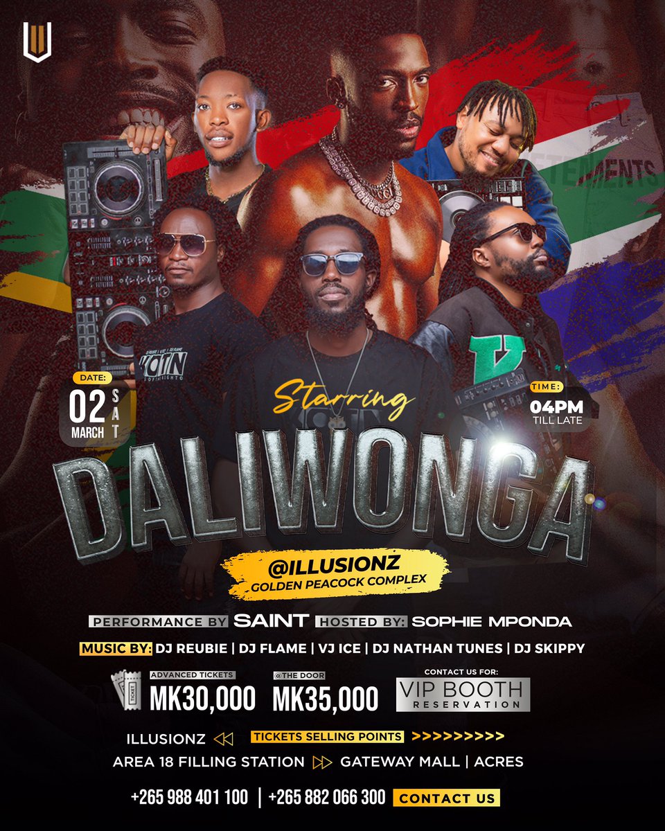 Lilongwe People Daliwonga will be performing live at ILLUSIONS(Golden Peacock Complex) alongside Saint 🔥😍 Don’t forget that your favorite DJs will be there to🔥 K 30,000 Ticket 🎟 At the Door K 35000 #DaliwongaIllusionz