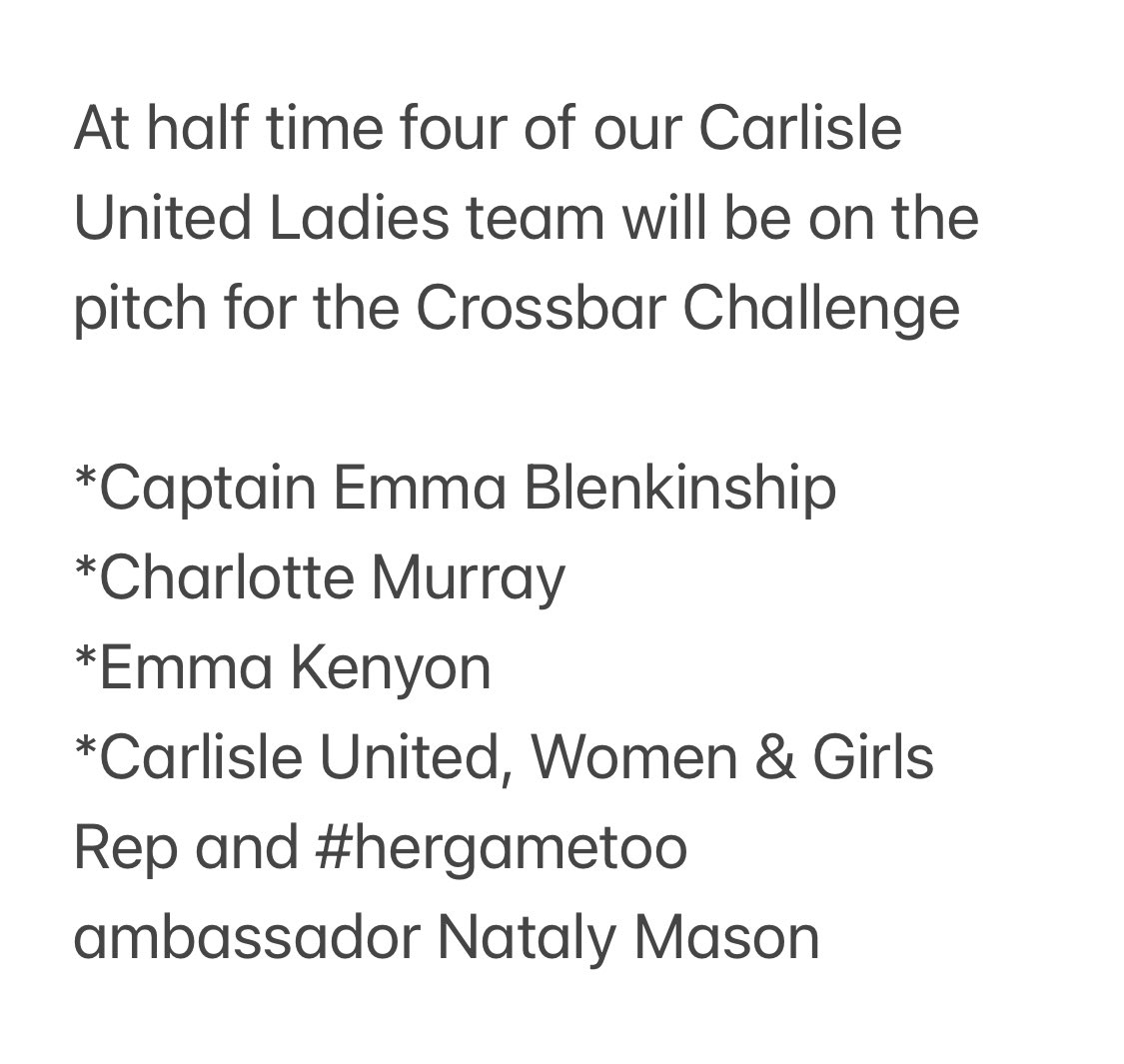 <a href="/officialcufc/">Carlisle United FC</a> v <a href="/ReadingFC/">Reading FC</a> Sat 2nd March
International Women’s Day Match &amp; Seminar
Speakers, Discussion &amp; Crossbar Challenge
Sunday 10th March CUFC Ladies ⚽️💙2pm Creighton Rugby Ground #EFLTogether 
#InternationalWomensDay2024 
#hergametoo <a href="/UN_Women/">UN Women</a> <a href="/UNWomenUK/">UN Women UK</a> #womensfootball