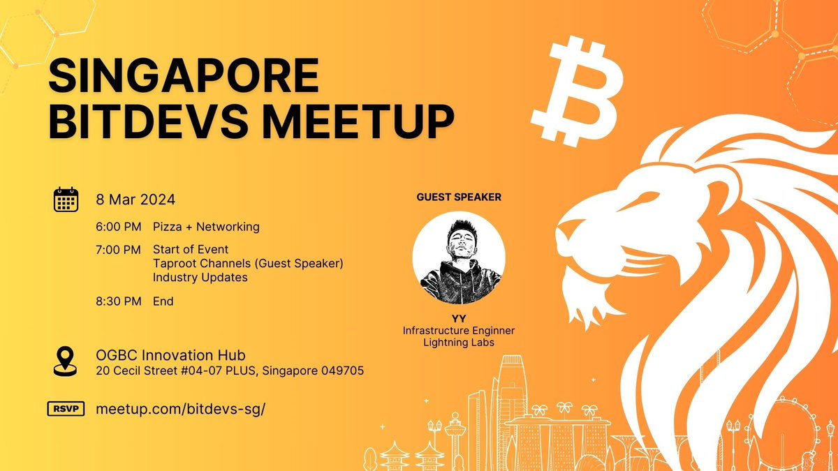 sgbitdevs's tweet image. Hey Bitcoiners in Singapore! 🇸🇬 Join us for our next session on Taproot Channels with @yyforyongyu, Infrastructure Engineer, @lightning. RSVP at meetup.com/bitdevs-sg/eve… if you can make it, so we don't order too much pizza. See you there!