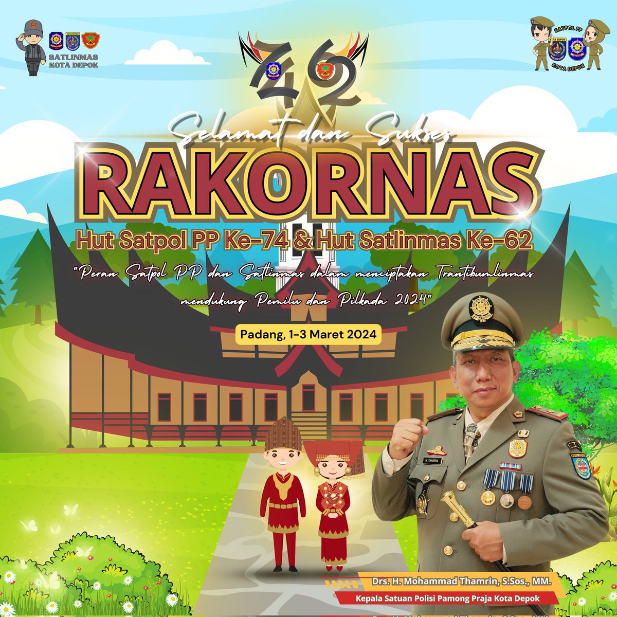 Keluarga Besar Satuan Polisi Pamong Praja Kota Depok mengucapkan

"Selamat &amp; Sukses Rakornas Hut Satpol PP Ke-74 dan Hut Satlinmas Ke-62, 'Peran Satpol PP dan Satlinmas dalam menciptakan Trantibumlinmas mendukung pemilu dan pilkada 2024' ".