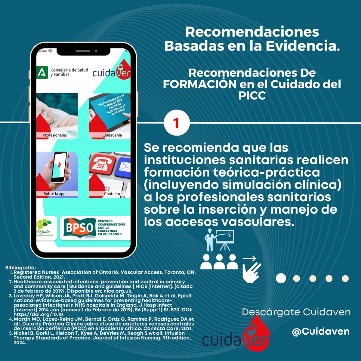 Hola 👋🏿 familia de #Cuidaven.
Comenzamos carrusel de Evidencias con la Formación necesaria para los PICC.
#10DíasdeRecomendaciones #Día1.

✅ La Formación es Clave para la Inserción y Cuidados de los Picc.
Hemos incluido las evidencias de la #INS2024.

#Bpso #BpsoAndalucía