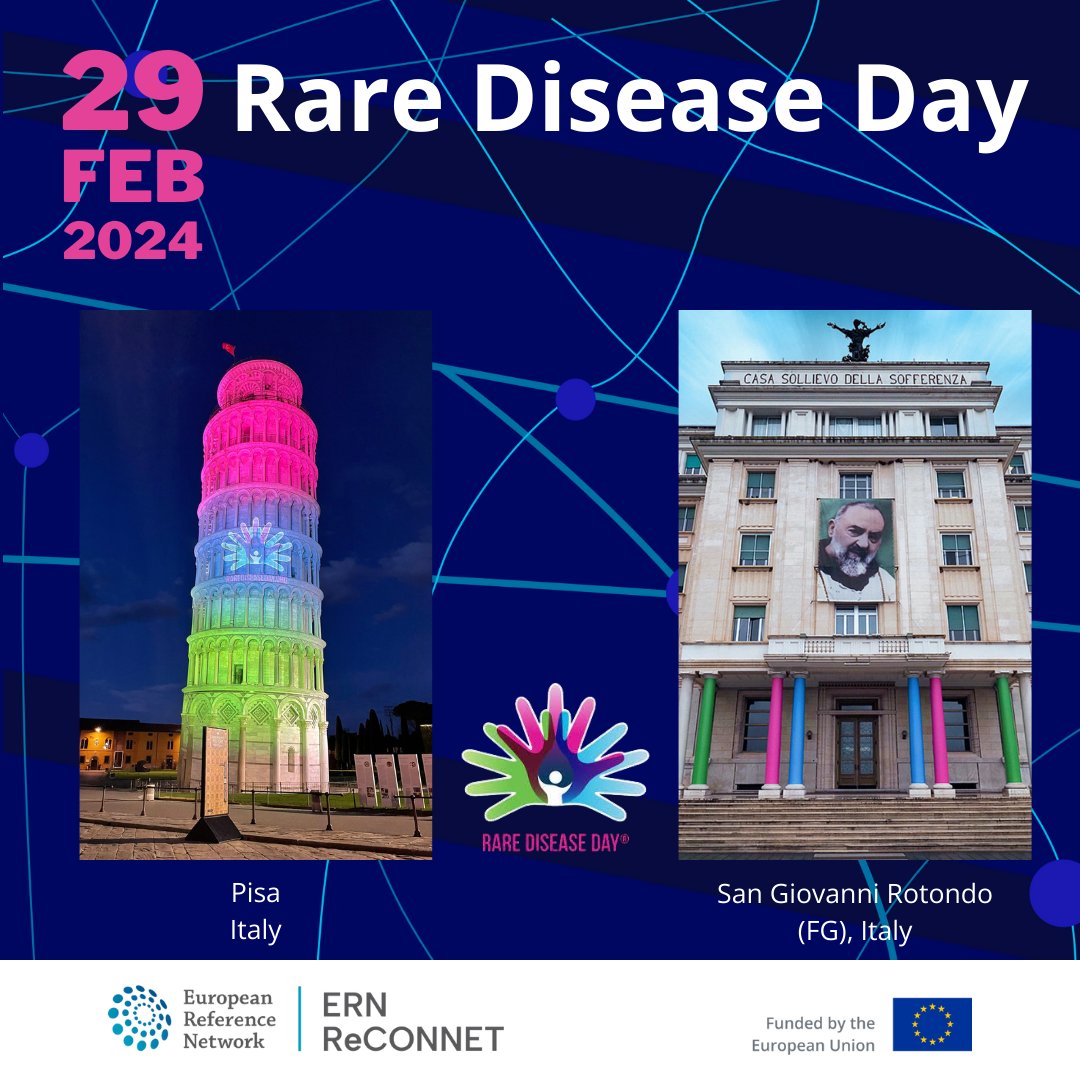 💚💗💙 Happy Rare Disease Day from the @ern_reconnet! 🤝 This year for the 1st time #PisaTower n the facade of the @operapadrepio hospital in San Giovanni Rotondo (Foggia) joins the forces to color this unique day 🌈 🔗 bit.ly/3UYCu9D