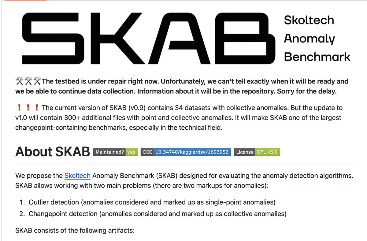 SKAB - Skoltech Anomaly Benchmark. Time-series data for evaluating Anomaly Detection algorithms.

#timeseries #anomalydetection