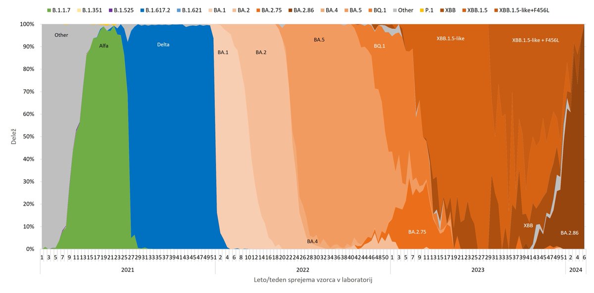 Sledenje različicam #SARSCoV2 v obdobju 12.2.2024–18.2.2024: sekvencirali smo genomska zaporedja 20 SARS-CoV-2 PCR-pozitivnih vzorcev in v vseh potrdili različico omikron; različica JN.1 11 primerov, sledijo 5 primeri različice JN.3. .