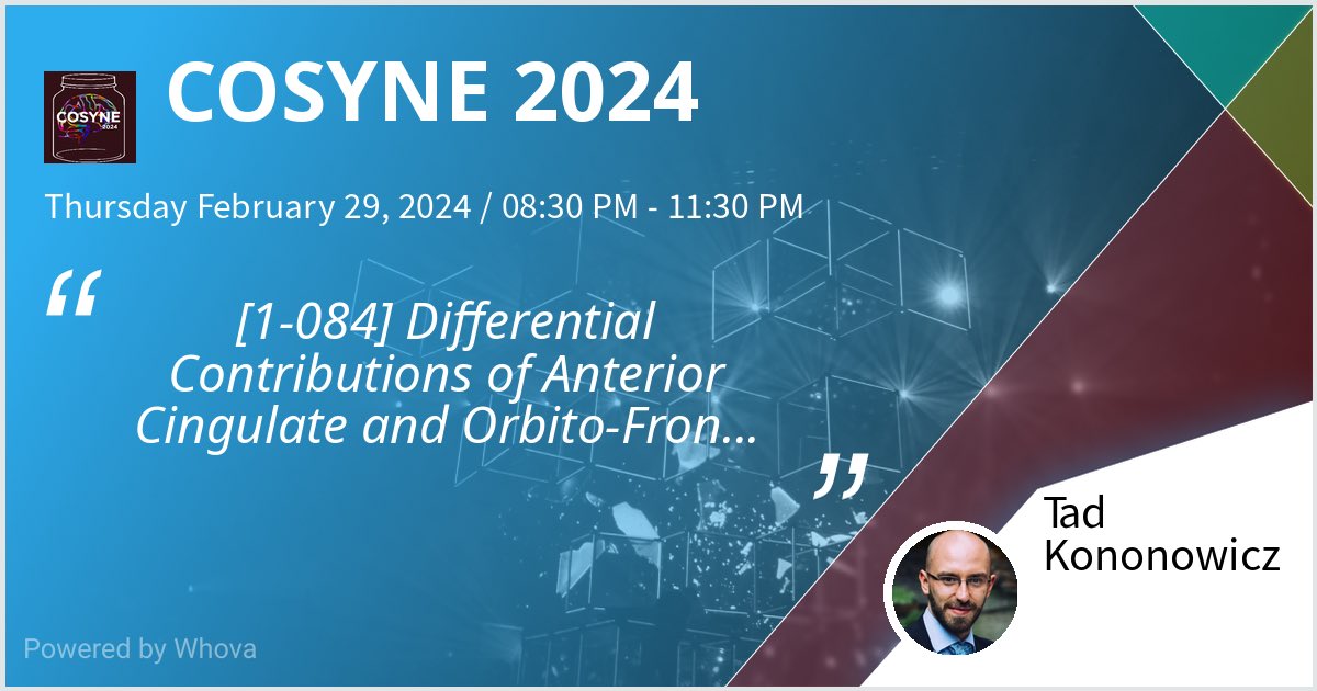 Presenting Lea’s work at COSYNE 2024 on [1-084] Differential Contributions of Anterior Cingulate and Orbito-Frontal Cortex to action timing and its self-monitoring in rats. #rodent #metacognition # ACC #cosyne2024 #cosyne24 - via #Whova event app