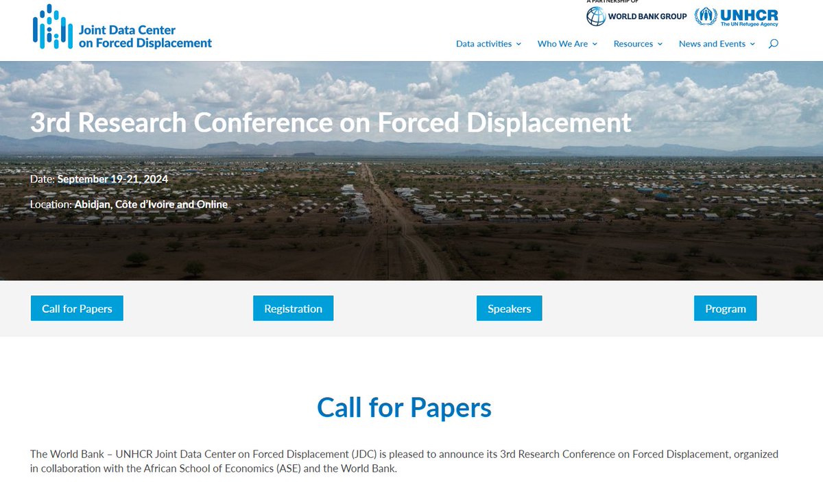 Researching Internal Displacement (@rid_networks) on Twitter photo 3rd Research Conference on Forced Displacement by <a href="/WorldBank/">World Bank</a> <a href="/Refugees/">UNHCR, the UN Refugee Agency</a> <a href="/jointdatacenter/">Joint Data Center on Forced Displacement</a> organised w/ <a href="/ASE_Africa/">African School of Economics</a>. Happening in Abidjan, Côte d’Ivoire Sept 19-21 2024.
Includes call for socioeconomic analysis of internal displacement. Submit by May 15th!
jointdatacenter.org/news-and-event… 3rd Research Conference on Forced Displacement by <a href="/WorldBank/">World Bank</a> <a href="/Refugees/">UNHCR, the UN Refugee Agency</a> <a href="/jointdatacenter/">Joint Data Center on Forced Displacement</a> organised w/ <a href="/ASE_Africa/">African School of Economics</a>. Happening in Abidjan, Côte d’Ivoire Sept 19-21 2024.
Includes call for socioeconomic analysis of internal displacement. Submit by May 15th!
jointdatacenter.org/news-and-event…