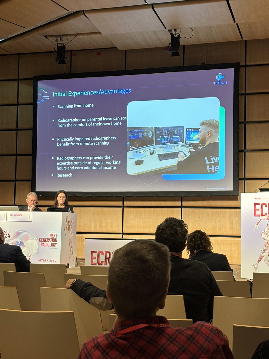 Day 2 at #ECR2024 has already kicked off. Next session focusing on Teleoperations. Are we moving to remote or hybrid clinical work possibilities? Exciting session with a presentation from Anton Quinsten, the first radiographer to perform a MRI scan from home.