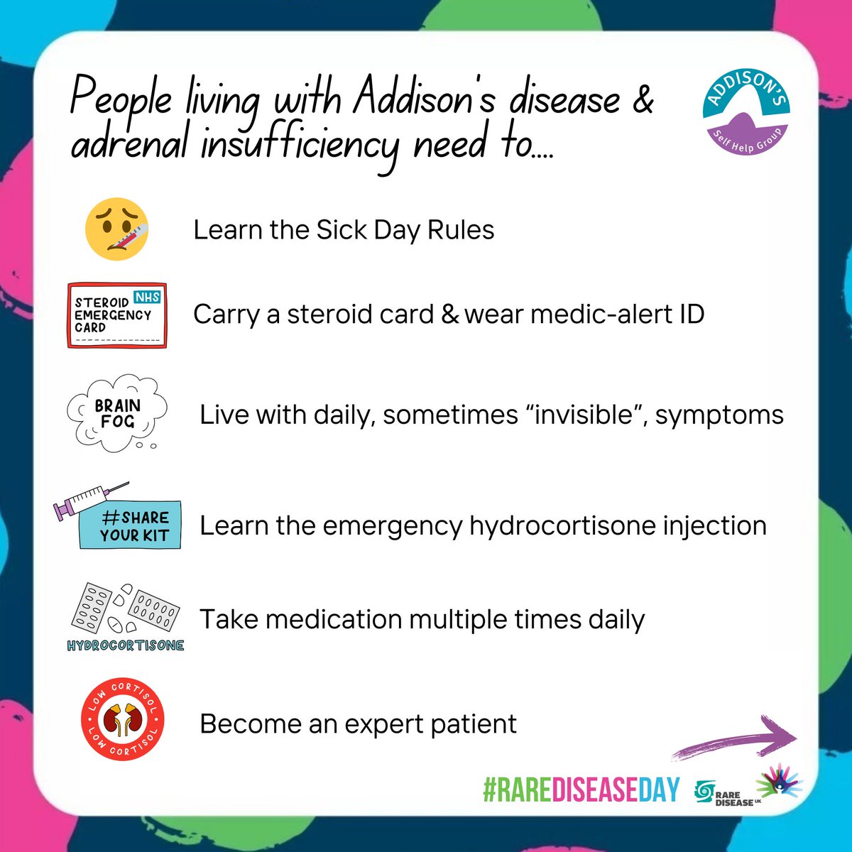 Addison’s & adrenal insufficiency are rare endocrine conditions affecting the adrenal glands. The body no longer produces enough of certain hormones which are essential for life. People living with AD & AI become expert patients. ➡️ addisonsdisease.org.uk/what-is-addiso… #RareDiseaseDay (2/7)