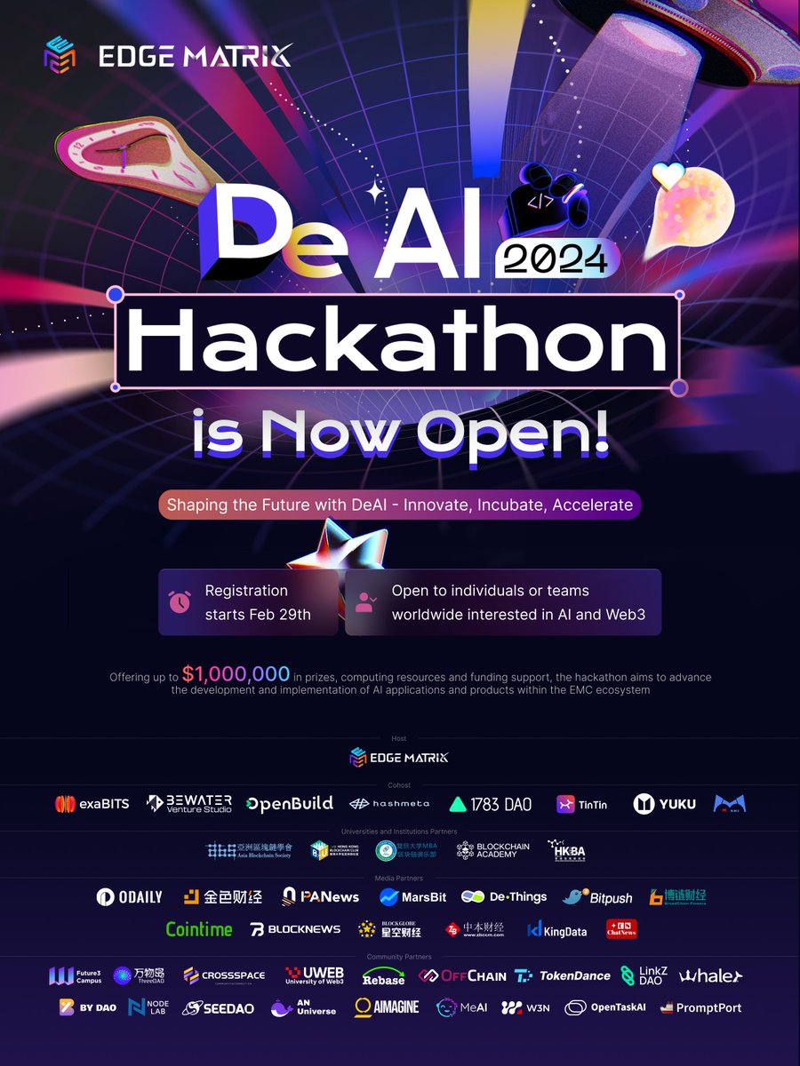 EMCprotocol's tweet image. We are delighted to announce that registration for the Global #DeAI Hackathon is now officially open! This prestigious event gathers a worldwide community of developers, designers, visionaries, and tech enthusiasts. Whether deeply versed in AI or newly intrigued by decentralized…