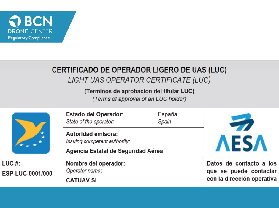 BCN Drone Center (@bcn_drone) on Twitter photo We're thrilled to announce that CATUAV, the registered #UAS operator of the BCN Drone Center, has received the first Spanish #LUC approval (ESP-LUC-0001) from <a href="/AesaSpain/">Agencia Estatal de Seguridad Aérea (AESA)</a>.
We want to thank the professionalism and dedication of the AESA staff from through the entire process. We're thrilled to announce that CATUAV, the registered #UAS operator of the BCN Drone Center, has received the first Spanish #LUC approval (ESP-LUC-0001) from <a href="/AesaSpain/">Agencia Estatal de Seguridad Aérea (AESA)</a>.
We want to thank the professionalism and dedication of the AESA staff from through the entire process.