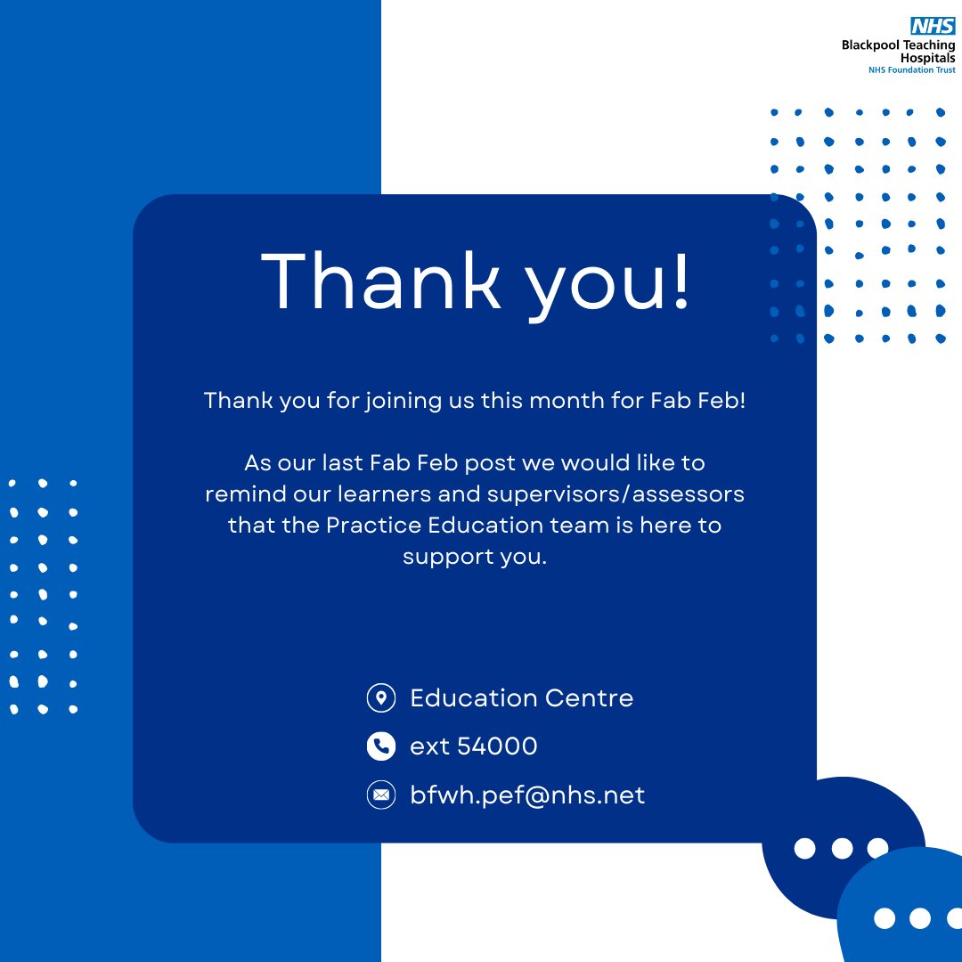 BTHEducation's tweet photo. Thank you for celebrating Fab Feb with us! 
Don't forget to reach out to the Practice Education team if you require any support while on your Clinical Placement at BTH! 
#FabFeb #PracticeEducation https://t.co/5gtiCuEtKD