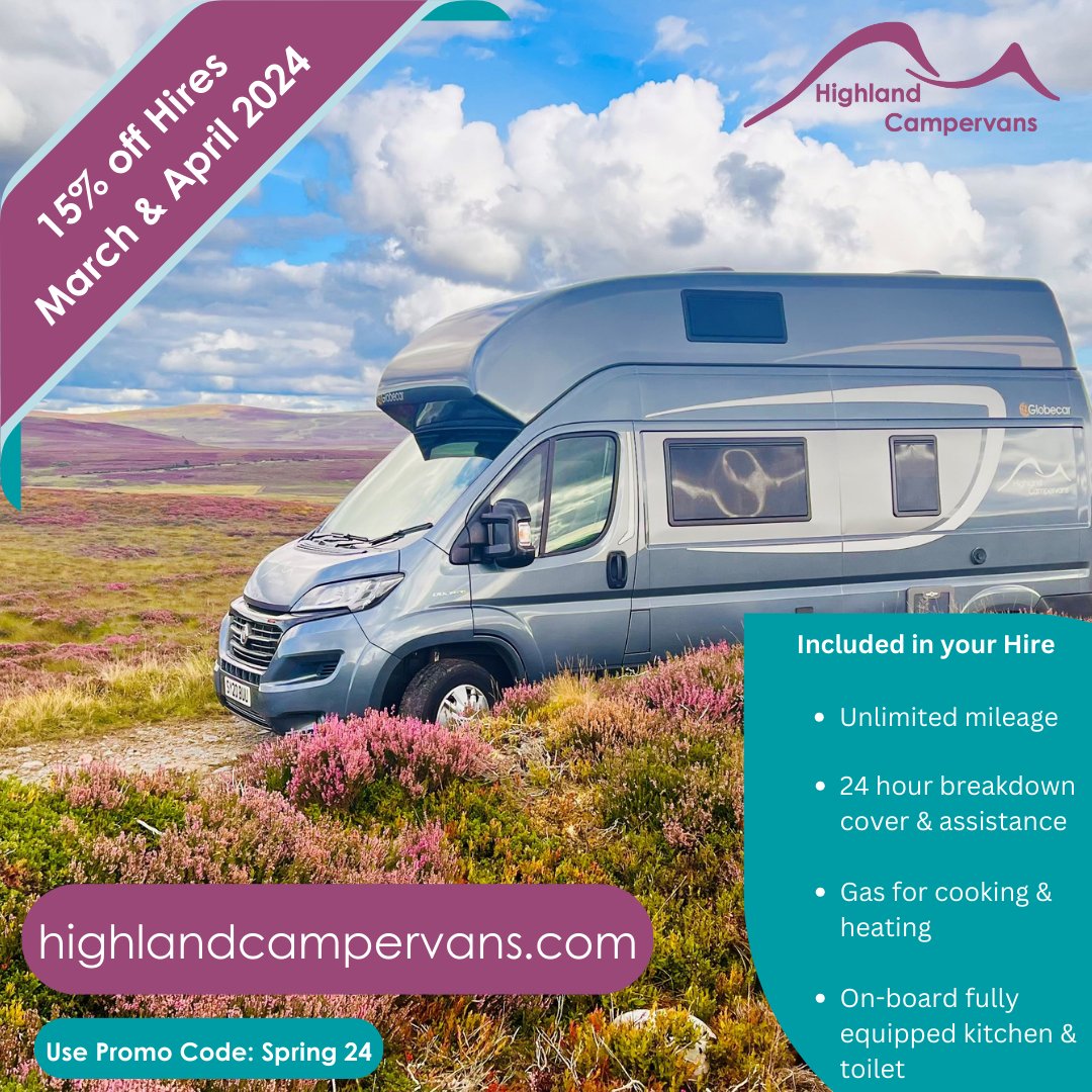 Spring into savings with @HighlandCampers🚐✨ Enjoy 15% off every hire throughout March and April (minimum 3 nights). Check availability of their luxury motorhomes via their availability calendar and quote promo code SPRING24 at checkout. T&Cs apply. 🔗highlandcampervans.com/hires/search