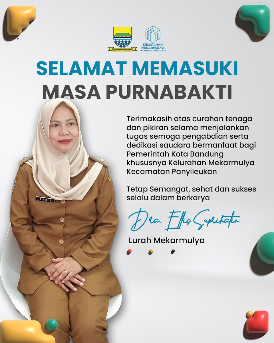 SELAMAT MEMASUKI MASA PURNABAKTI

Terimakasih atas curahan tenaga dan pikiran selama menjalankan tugas semoga pengabdian serta dedikasi saudara bermanfaat bagi Pemerintah Kota Bandung khususnya Kelurahan Mekarmulya Kecamatan Panyileukan.

Dra. Ellis Suprihatin
Lurah Mekarmulya