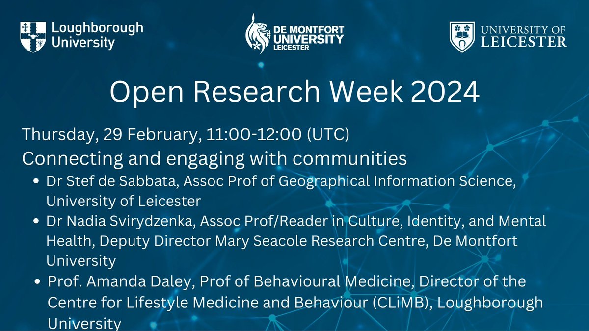 Today's themed hour on open research at our collaborative #ORWeek2024 event is 'connecting and engaging with communities' we have a great line up of speakers. Still time to register lboro.ac.uk/research/suppo…
