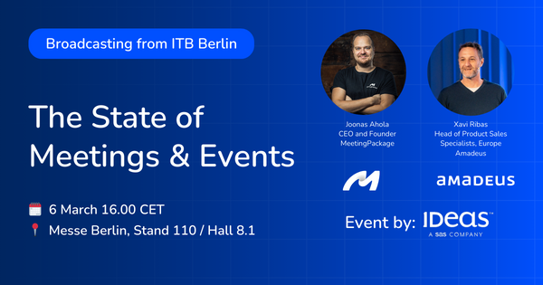Don't miss out on this awesome opportunity!✨ Join us at ITB Berlin for an insightful discussion on The State of Meetings & Events with @JonesAhola from @MeetingPackage and Xevi Ribas from Amadeus 🗓️ 06 Mar 16.00 CET 📍 Hall 8.1, Stand 110 #ITBBerlin #RevenueManagement