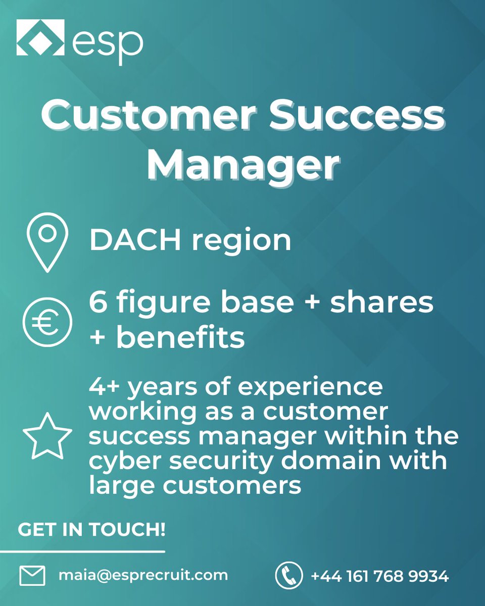 We are looking for a Customer Success Manager to manage our current &amp; future customers in Germany. 

Join a Cloud Security Vendor backed by one of the largest companies in the world.

Check out the details below and get in touch at maia@esprecruit.com ✉️

 ...