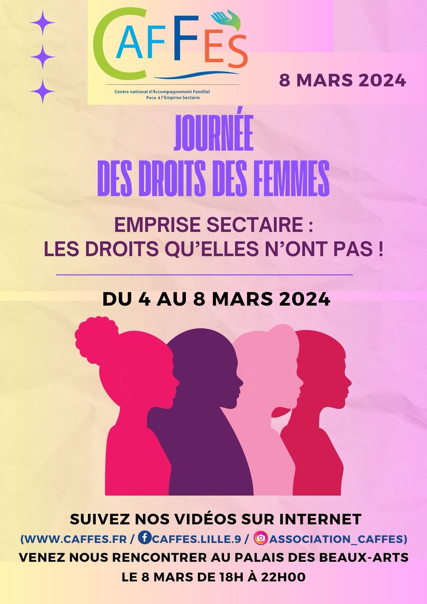 J-4 AVANT LA PREMIÈRE VIDÉO!
Journée des droits des femmes 2024 / Emprise sectaire: Les droits qu'elles n'ont pas!
Du 4 au 8 mars 2024 découvrez chaque jour une nouvelle vidéo témoignage sur notre site internet et nos réseaux sociaux. Pour que cela ne se reproduise plus jamais!