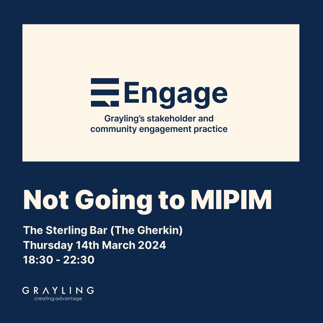 Not Going to MIPIM Event📅 The Grayling Engage team are hosting on Thursday 14th March, at the Sterling Bar, the Gherkin. If you’re interested in attending the event, or would like to know more, please visit the Eventbrite page👉 not-going-to-mipim.eventbrite.com