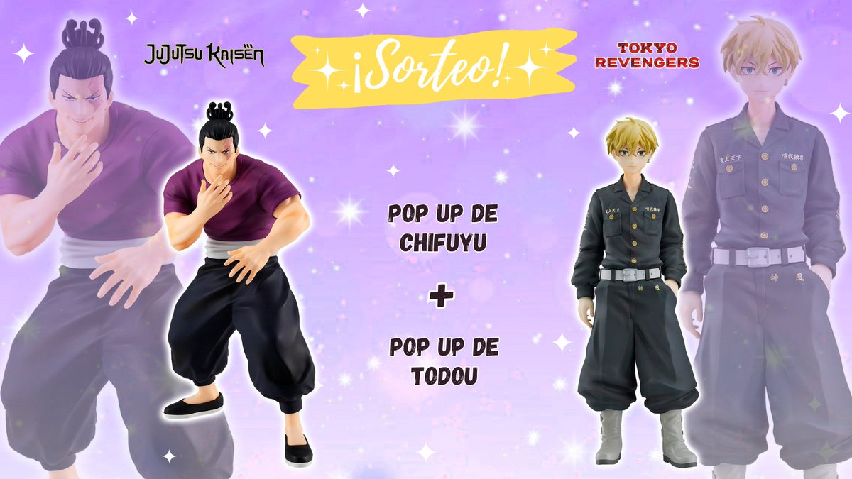 ✨🎁 SORTEO x2 FIGURAS 🎁✨

Llévate a Chifuyu y Todou para tu colección 💛

➡ RT al tweet 
➡ Follow a <a href="/Nin_Nin_Game/">The Japanese Games & Hobby import specialist 🇯🇵</a> y <a href="/sandry_afy/">Afy-ちゃん 🌸</a>

Sorteo internacional 🌏 
Hasta el 12 de Marzo 🗓️

#Giveaway #Sorteo #JujutsuKaisen #TokyoRevengers