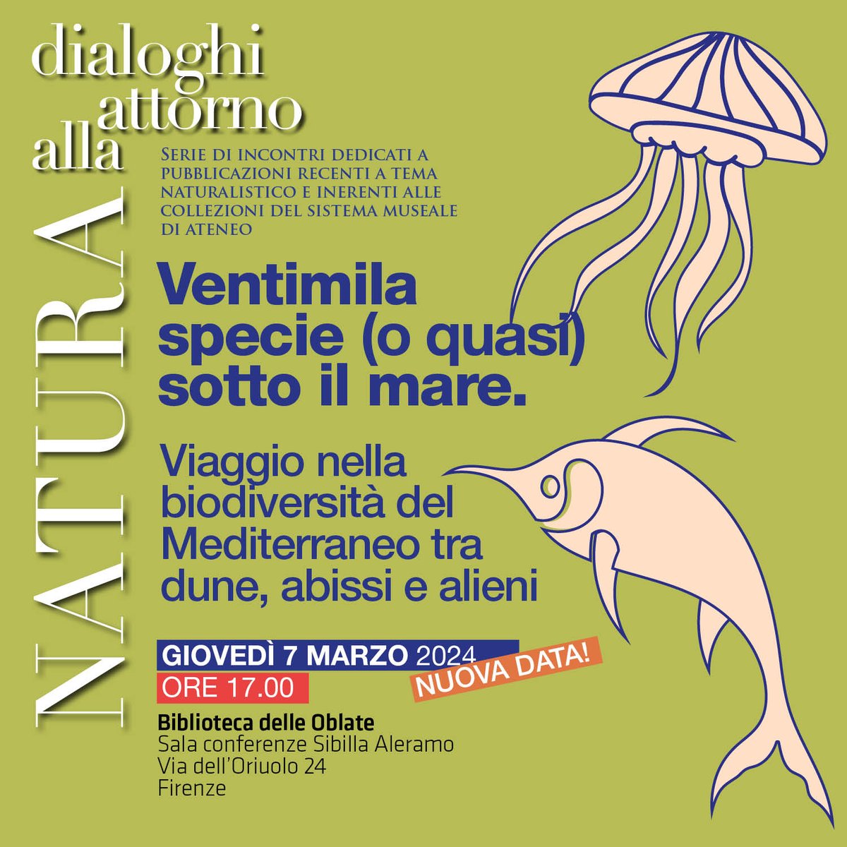 #Firenze 🗣Dialoghi attorno alla #Natura: libri e incontri a tema naturalistico 📌 Il #7marzo appuntamento alla Biblioteca delle Oblate per un viaggio nella biodiversità del Mediterraneo tra dune, abissi e alieni. Info u.garr.it/xx1Ef @Biblio_ComuneFi @Sperling_Kupfer