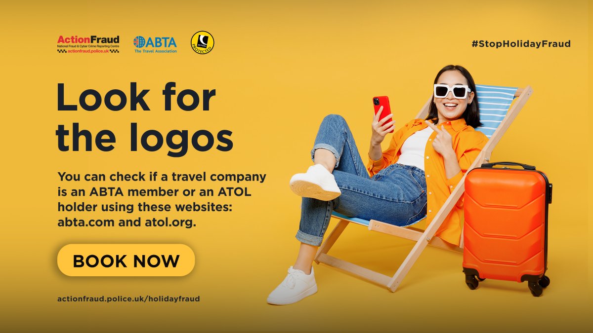 Are you suspicious about a holiday deal? 🛫

Look out for the ABTA and ATOL logo on the company's website. If you have any doubts, you can verify if they are an ABTA member on their website.
 
🔗 orlo.uk/Action_Fraud_0… 

#StopHolidayFraud