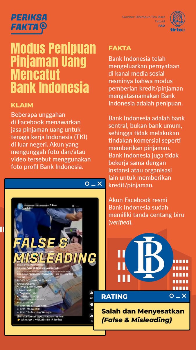 Dalam beberapa saluran media sosial akun yang telah terverifikasi, Bank Indonesia telah mengeluarkan pernyataan bahwa informasi ini adalah hoaks atau disinformasi. #PeriksaFakta

tirto.id/gWni