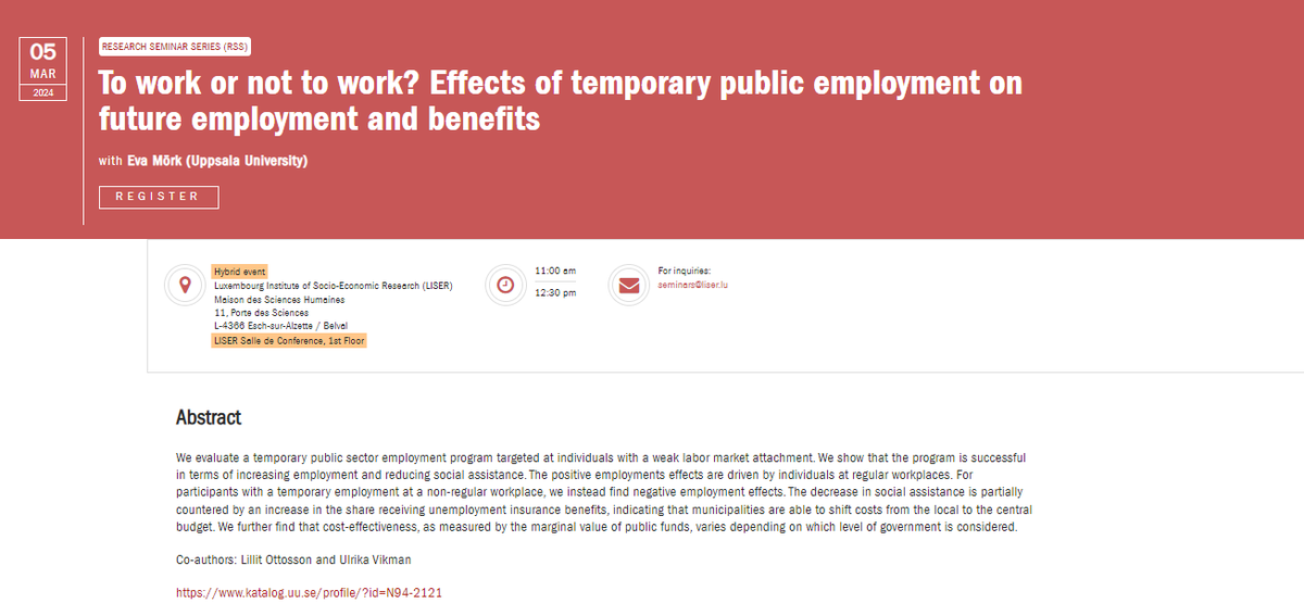 LISER_LM's tweet photo. 📢Join us 5 March (11h CET) for LISER's RSS Hybrid Seminar.

🗣️Prof. @EvaMork presents "To work or not to work? Effects of temporary #PublicEmployment on #FutureEmployment &amp; benefits".  Co-authored w/
@lillitottosson, Ulrika Vikman.

✉️seminars@liser.lu

🔗https://t.co/gbJLuOCCIq https://t.co/D6brTPGXzx