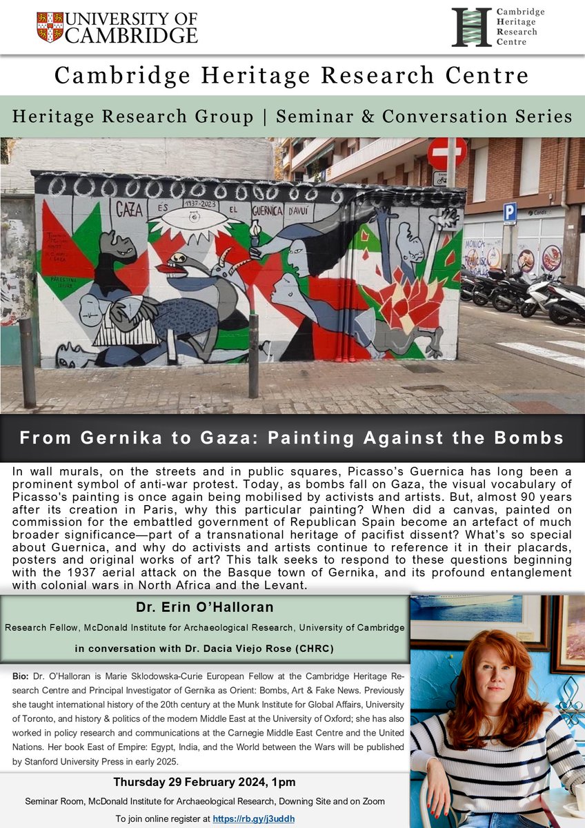 EVENT: Join us at the McDonald today for our very own @ErinMBOHalloran's talk titled 'From Gernika to Gaza: Painting Against the Bombs'. The event starts at 1pm! For those outside of Cambridge, join online here: rb.gy/j3uddh