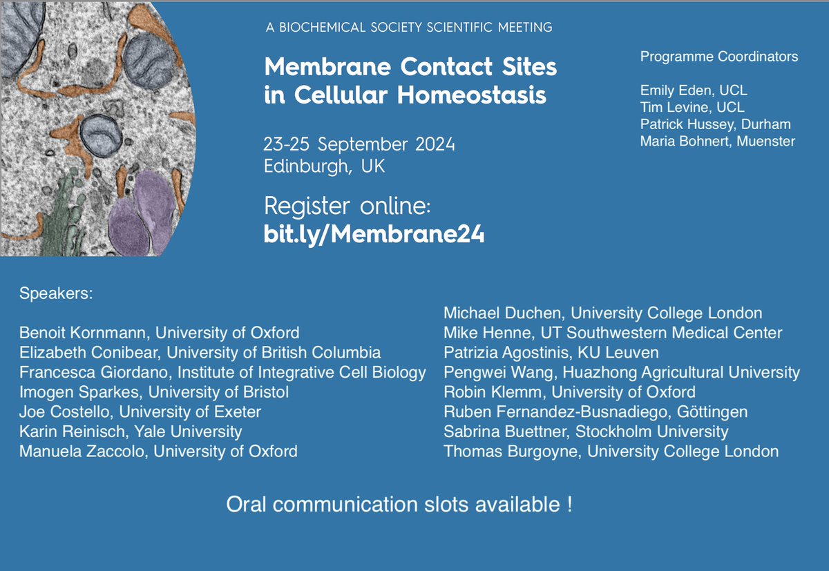 Hey, everybody. Come to this great conference on ALL matters contact-site-ish: run by @BiochemSoc Great speakers from Europe and beyond. Put the date September 23-25 2024 in your diary And register online at bit.ly/Membrane24. 🙏retwt