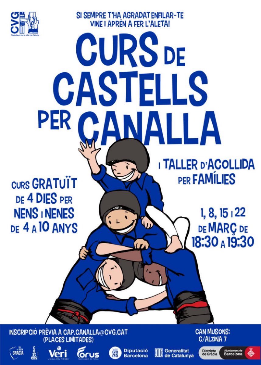 Demà comença el curs de canalla!

Si tens entre 4 i 10 anys i sempre has tingut la inquietud d'enfilar-te per tot arreu, aquest curs és per tu! 🧗‍♀️

Aquest mes de Març torna el curs de canalla.

Més info al cartell de sota! 👇

#castells #canalla