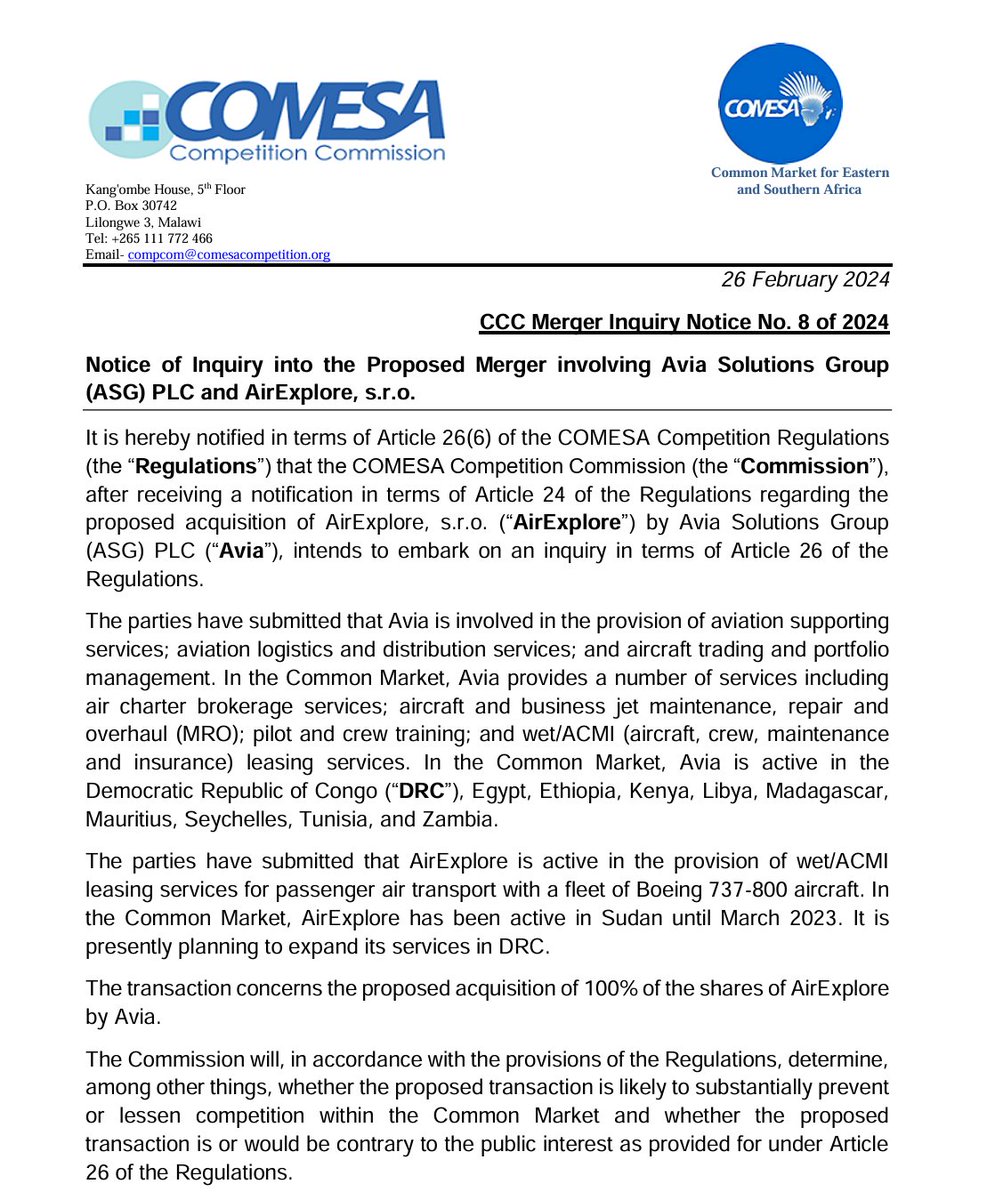 CCCC_COMESA's tweet photo. The CCC has published a #NoticeofInquiry into the Proposed Merger involving Avia Solutions Group (ASG) PLC &amp; AirExplore, s.r.o. Written representations to be submitted by 18 March 2024. For more details; https://t.co/oV7SkTpjDP
#AfricaCompetition #mergers #COMESA #CCC https://t.co/3rzU8D5qn4