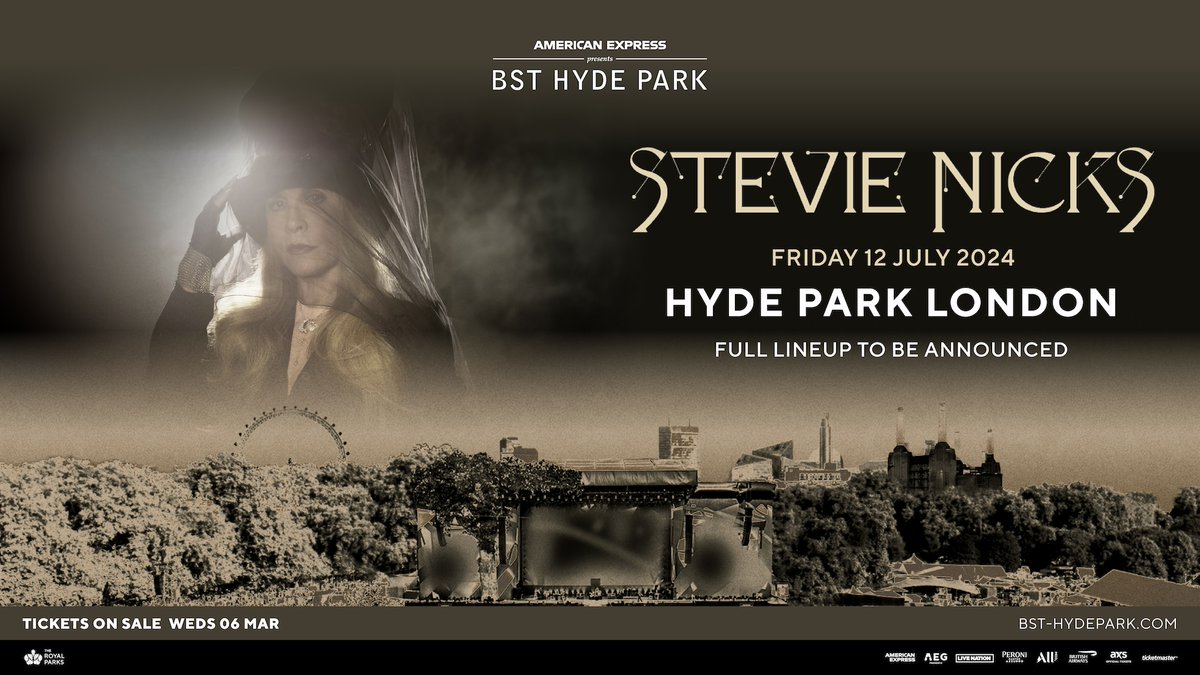 Another huge headliner! @BSTHydePark have announced that legendary performer @StevieNicks will headline the festival... Here are the full details: tinyurl.com/67bsfzhu