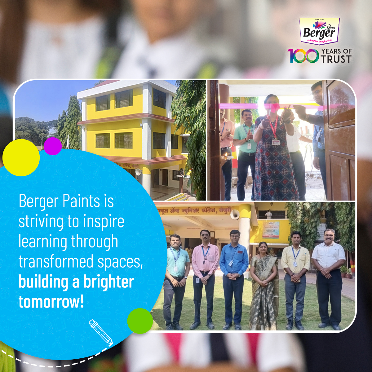 Brightening Futures Through Colours! Berger Paints embarked on a transformative journey with the Corporate Environmental Responsibility Initiative at Jijamata School, Jejuri. Our mission was to empower education by revamping classrooms, creating a vibrant and conducive learning