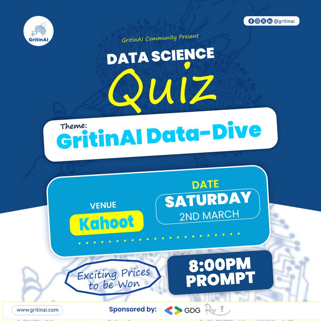 GritinAI's tweet image. Gritin AI Data-Drive Quiz!!🤩

Test your data skills on Sat, March 2nd, at 8 PM! Join from anywhere via @Slidoapp. 

Open to all! Win prizes, learn, and network. Register: gritinai.com/quiz/page

 Sponsored by @AiRigr. See you there! 🥳

#DataScience 
#technology 
#AI 
#GritinAI