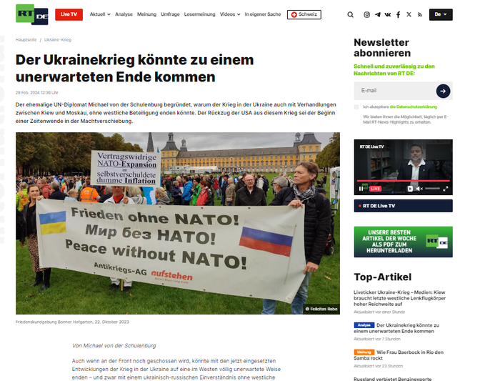WagenWatch's tweet photo. Nochmal die Frage, @Buendnis_SahraW: Warum steht aktuell ein Beitrag des Europawahl-Kandidaten von 'Bündnis Sahra #Wagenknecht' Schulenburg auf der Seite von RT DE? https://t.co/XXc3CB1Jbn