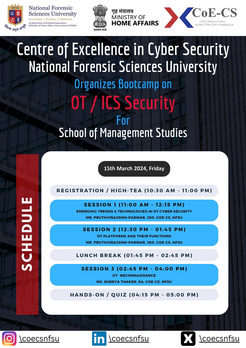 NFSU_Official's tweet photo. Centre of Excellence in Cybersecurity, NFSU, Gandhinagar, is organizing an Offline Bootcamp on “OT/ICS Security” for the Students of the School of Management Studies, National Forensic Sciences University on 15th March 2024, at CoE-CS, NFSU.

#NFSU #CoECS #Bootcamp #OTSecurity https://t.co/bZZg4ukyjJ