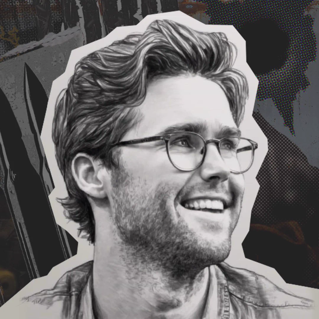 A stylized portrait of Rexroad Simons.