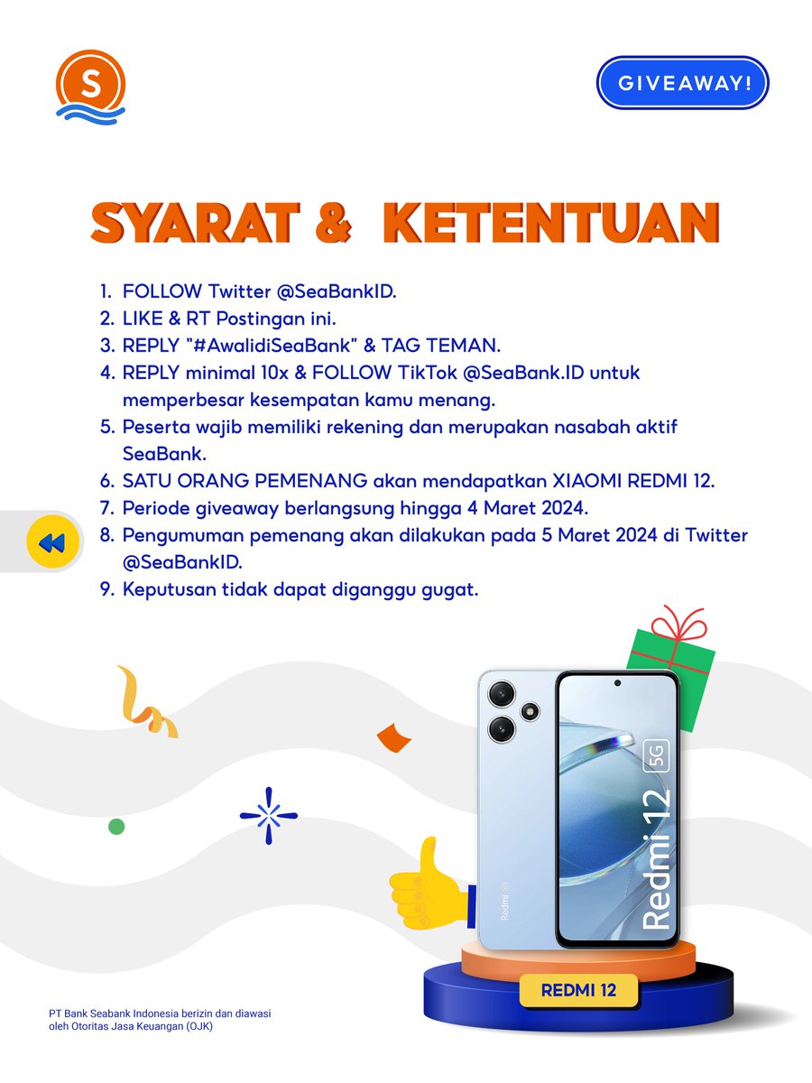 SeaBankID's tweet photo. 📣KESEMPATAN TERAKHIR: REDMI 12📣
#GIVEAWAY #AwalidiSeaBank

Yuk ikuti langkah berikut:
1. FOLLOW Twitter SeaBank
2. LIKE &amp; RT Tweet ini
3. REPLY "#AwalidiSeaBank" minimal 10x 
4. TAG TEMAN KAMU!

Selengkapnya di slide ke-2 🥰 https://t.co/IssTIrPCgT