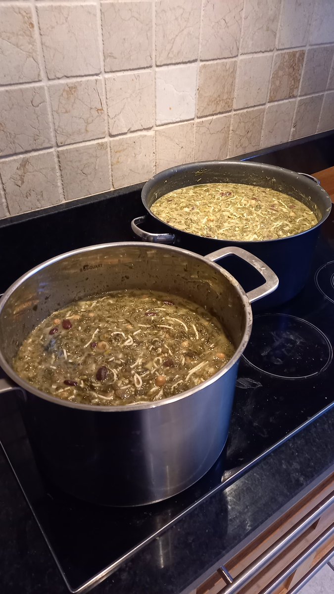 Making two big pots of Ash Reshtesh 😋, the thick Persian soup of herbs and noodles, to share with students and staff @ARC_UniOfGalway @uniofgalway to mark the last day of Ayyám-i-Há and the start of the Baha'i period of fast 😊.