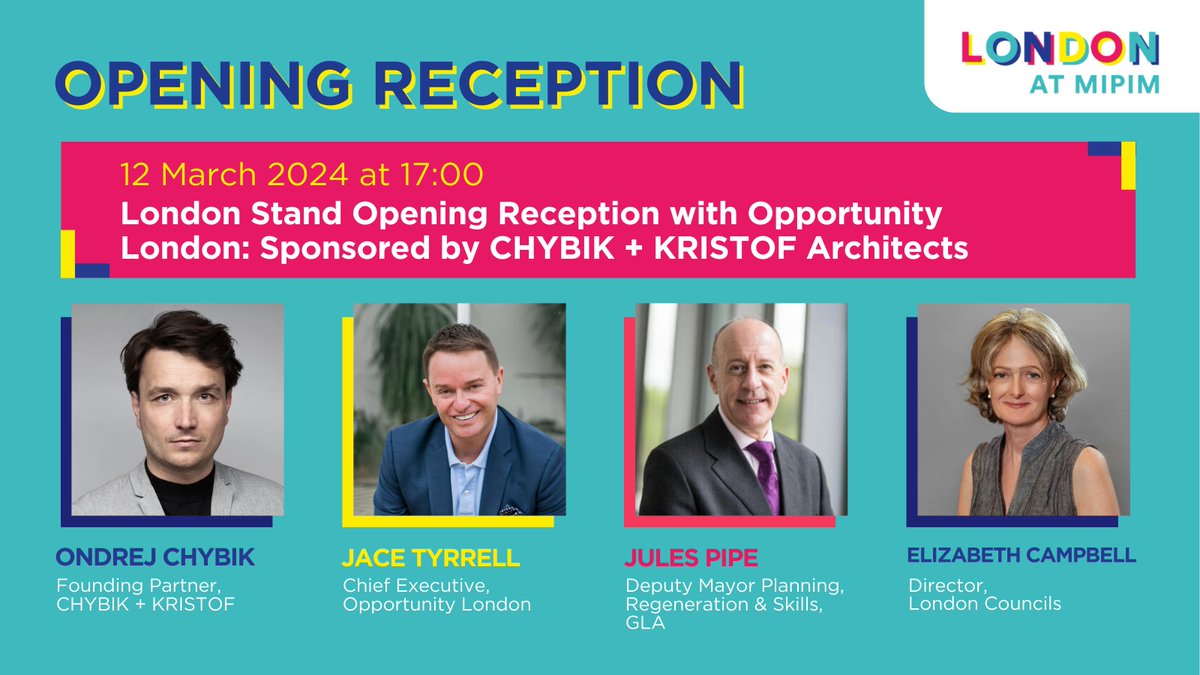 London at MIPIM (@londonatmipim) on Twitter photo Join us at the London Stand Opening Reception with <a href="/opportunityldn/">Opportunity London</a>, sponsored by Chybik+ Kristof.
Speakers include: Ondrej Chybik, Chybik+ Kristof, <a href="/JTLondonTown/">Jace Tyrrell</a>, Opportunity London, <a href="/JulesPipe/">Jules Pipe</a>, <a href="/LDN_gov/">London Gov</a> and Elizabeth Campbell, <a href="/londoncouncils/">London Councils</a>.
More: londonatmipim.com Join us at the London Stand Opening Reception with <a href="/opportunityldn/">Opportunity London</a>, sponsored by Chybik+ Kristof.
Speakers include: Ondrej Chybik, Chybik+ Kristof, <a href="/JTLondonTown/">Jace Tyrrell</a>, Opportunity London, <a href="/JulesPipe/">Jules Pipe</a>, <a href="/LDN_gov/">London Gov</a> and Elizabeth Campbell, <a href="/londoncouncils/">London Councils</a>.
More: londonatmipim.com