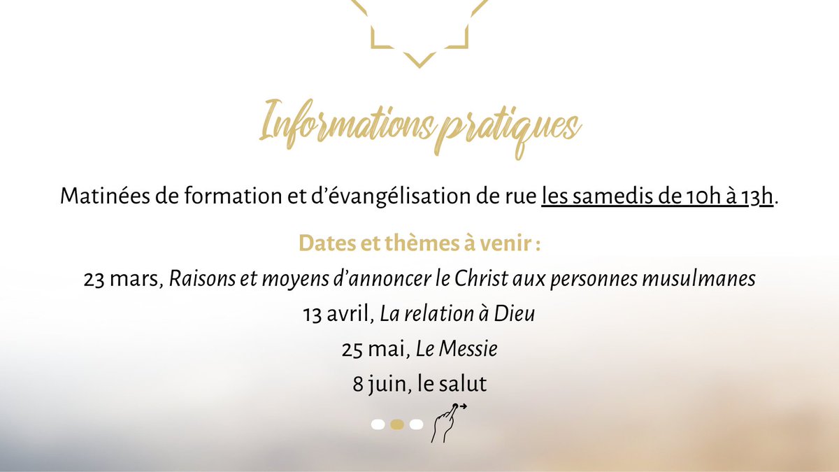 MissionAngelus's tweet photo. 📚 Dates et thèmes abordés : 
- 23 mars, Raisons et moyens d’annoncer le Christ aux personnes musulmanes 
- 13 avril, La relation à Dieu 
- 25 mai, Le Messie 
- 8 juin, le salut  

📍 Paroisse Toussaints, 4 rue au Duc à Rennes https://t.co/Va66VzuX4e